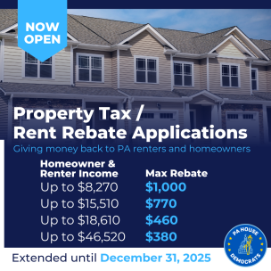A graphic that says "Property Tax/Rent Rebate Application Deadline Extended to December 31, 2025. pa.gov/PTRR
